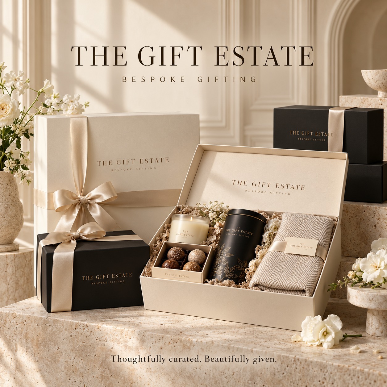 Luxury gift boxes tied with satin ribbon